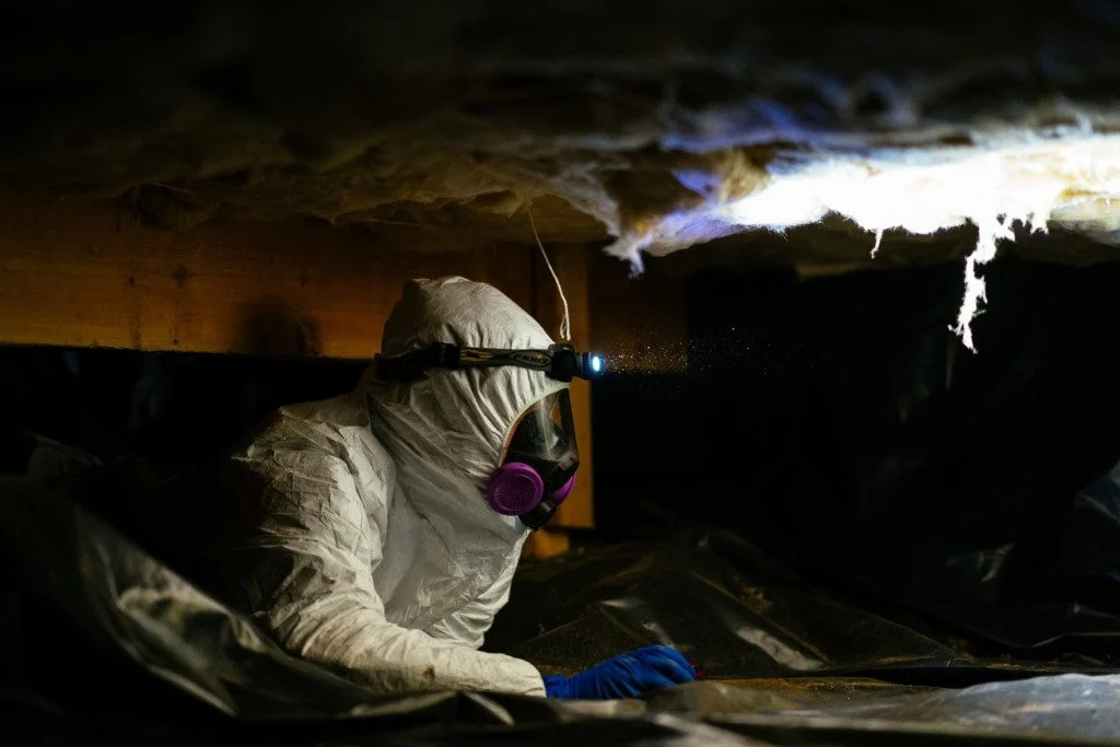 Mold Safe Solutions remediation technician in a full protective suit and respirator working in a crawlspace